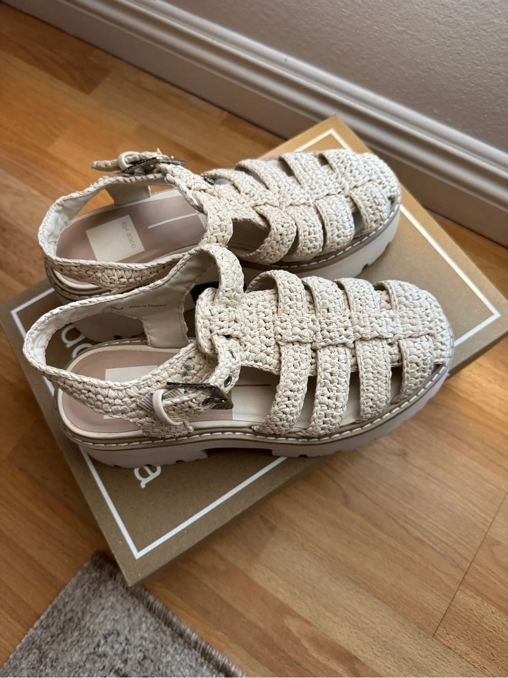 Dolce Vita Lasley raffia lattice Platform Sandals in the bone color